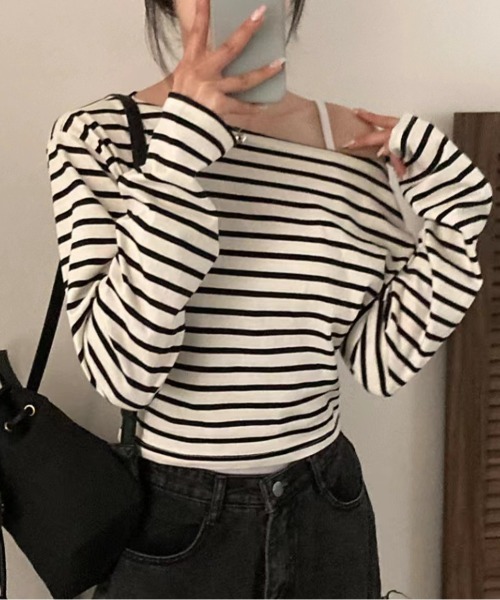 tシャツ オフショル長袖ボーダートップス レディース