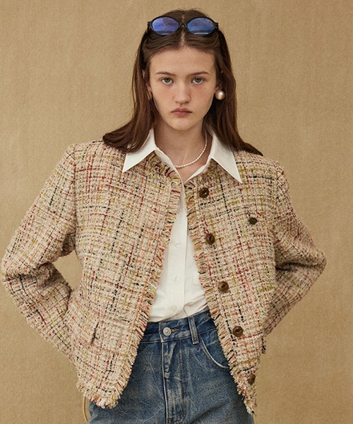 ジャケット ノーカラージャケット ウールミックス ツイードジャケット