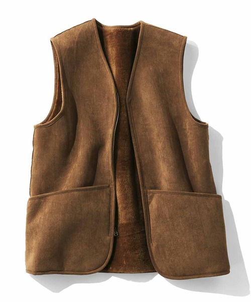 リバーシブルフェイクファーコーデュロイ ベスト 40 ブラウン