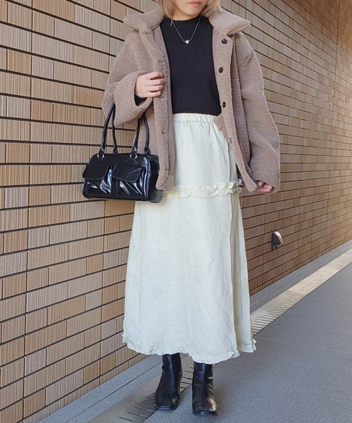 LOSUCA スカート レーヨンコーデュロイフリル切替フレアスカート