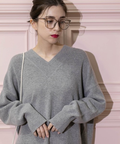 美品 wjk Vネック ウール ケーブルニット セーター Lサイズ グレー OPAQUE.CLIP（オペークドットクリップ） ニット セーター ミドルゲージ