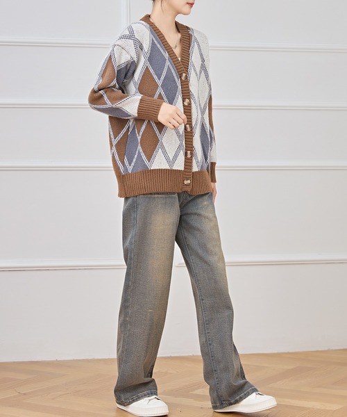 R13 グレー ネイビー ダイヤモンド柄 カーディガン BEAMS F（ビームスF）FANNI LEMMERMAYER / アルパカ ダイヤ柄 Vネック