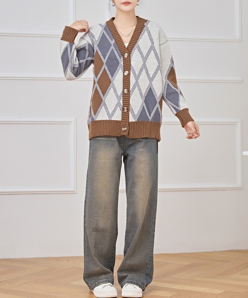 Lace Ladies カーディガン Vネック 配色 ダイヤ柄 シャギー ニット