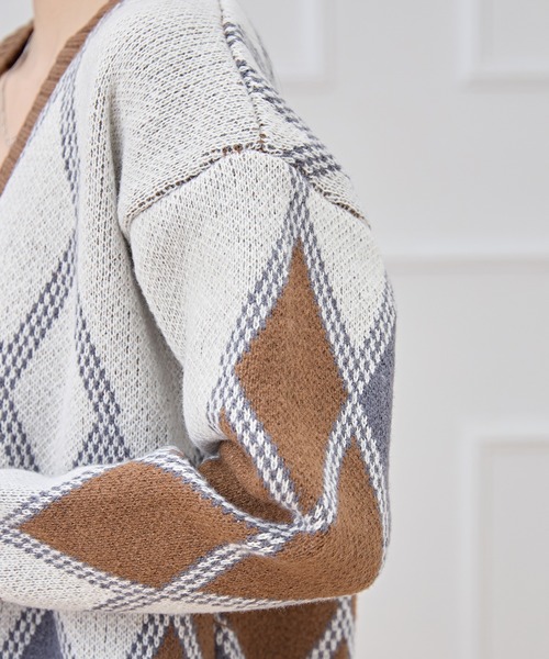 R13 グレー ネイビー ダイヤモンド柄 カーディガン Lace Ladies（レースレディース） カーディガン Vネック 配色 ダイヤ柄