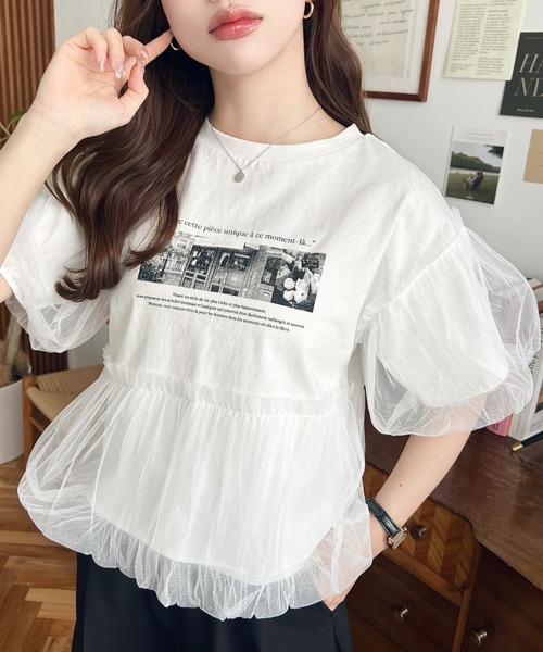 tシャツ チュールフォトプリントTシャツ レディース moment+ tシャツ チュールバルーンフォトプリント半袖Tシャツ