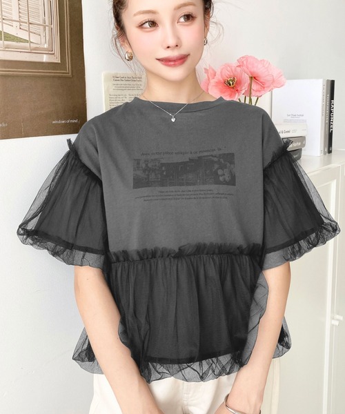 tシャツ チュールフォトプリントTシャツ レディース moment+ tシャツ チュールバルーンフォトプリント半袖Tシャツ