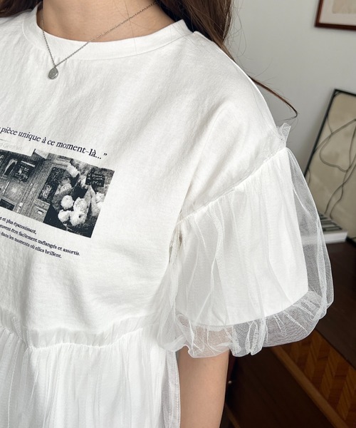 tシャツ チュールフォトプリントTシャツ レディース moment+ tシャツ チュールバルーンフォトプリント半袖Tシャツ