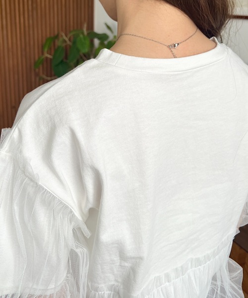 tシャツ 「主役トップス」チュールバルーンTシャツ レディース moment+ tシャツ チュールバルーンフォトプリント半袖Tシャツ