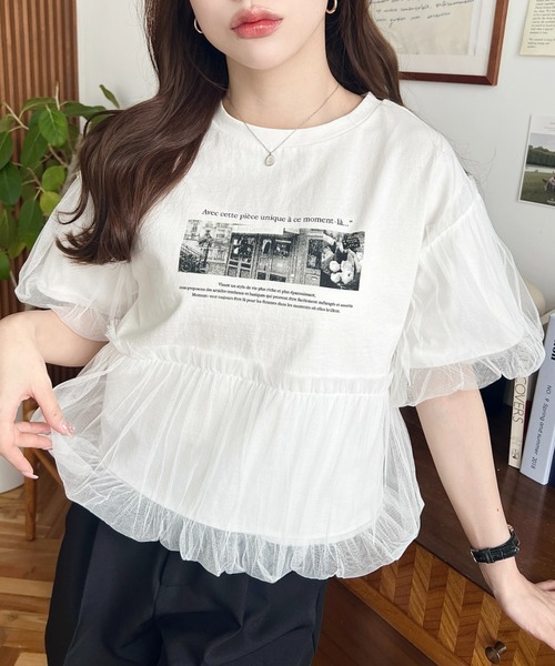 tシャツ 「主役トップス」チュールバルーンTシャツ レディース moment+ tシャツ チュールバルーンフォトプリント半袖Tシャツ