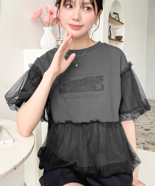 tシャツ チュールフォトプリントTシャツ レディース moment+ tシャツ チュールバルーンフォトプリント半袖Tシャツ