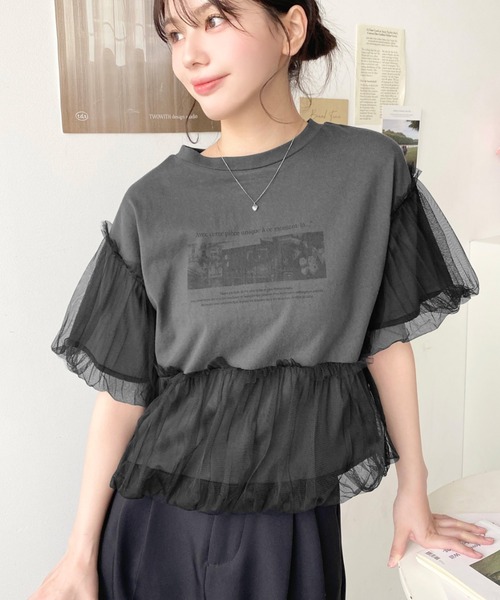 tシャツ 「主役トップス」チュールバルーンTシャツ レディース moment+ tシャツ チュールバルーンフォトプリント半袖Tシャツ