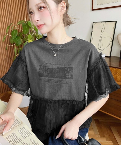 tシャツ チュールフォトプリントTシャツ レディース moment+ tシャツ チュールバルーンフォトプリント半袖Tシャツ