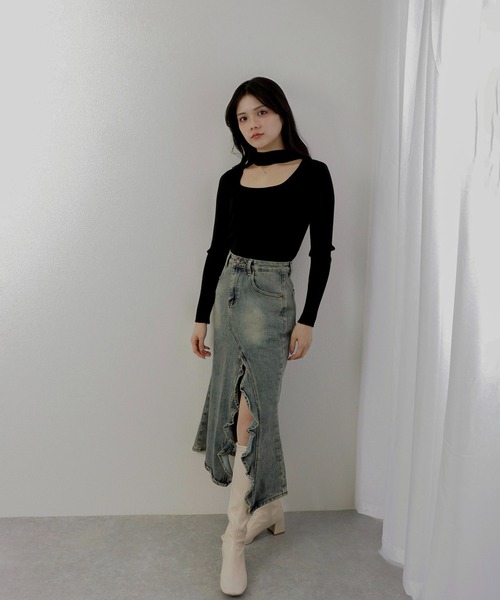 ニット　片側チョーカー　お洒落　ニット　トップス　セーター　おしゃれ　格好良い M DOLLY ニット セーター choker knit tops/チョーカーニットトップス