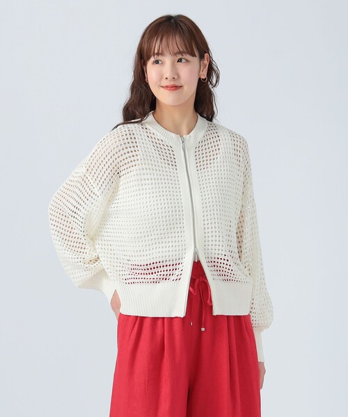 BEAMS HEART カーディガン ジップ メッシュニット レディース