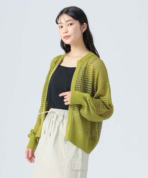 BEAMS HEART カーディガン ジップ メッシュニット レディース