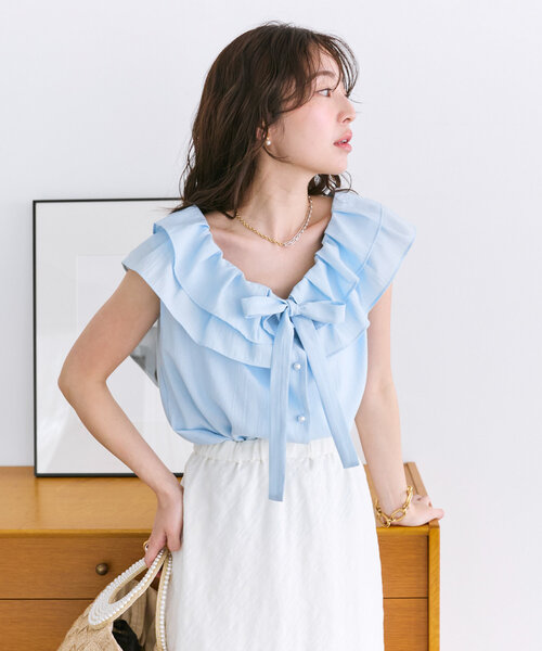 ブラウス シャツ ネックフリルギャザーノースリバックリボンブラウス/無地・ストライプ レディース La boutique Bonbon ブラウス シャツ 「最強愛され」ギャザー