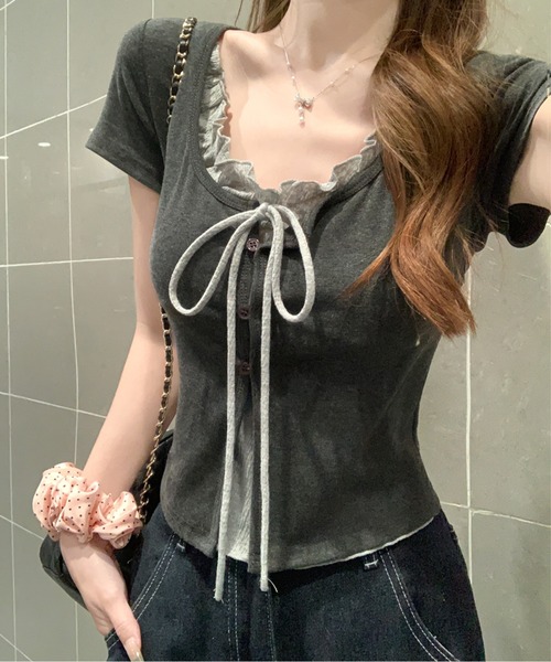 tシャツ フリルリボンネックフェイクレイヤードトップス レディース