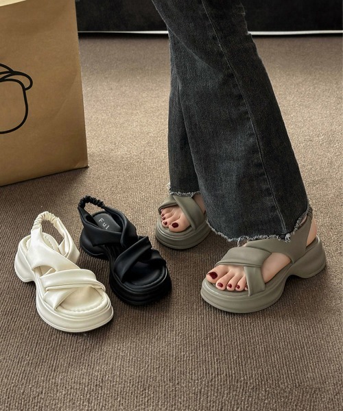 「Miniministore」 フラットサンダル 22.5cm カーキ レディース_画像2