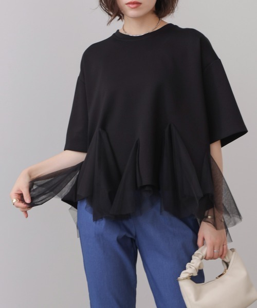 Bou Jeloud（ブージュルード） tシャツ 裾チュール五分袖チュニック