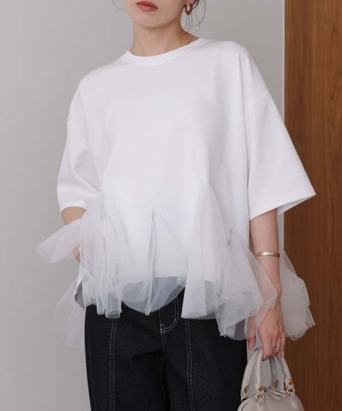 Bou Jeloud（ブージュルード） tシャツ 裾チュール五分袖チュニック