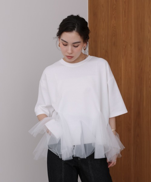Bou Jeloud（ブージュルード） tシャツ 裾チュール五分袖チュニック 