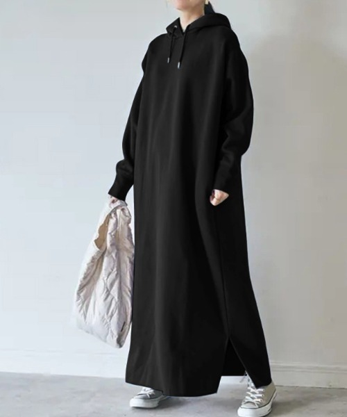 【カオス】サイドスリットフェルムワンピース パーカー カジュアル ブラック cammie ワンピース サイドスリットフード付きワンピース : ZOZOTOWN