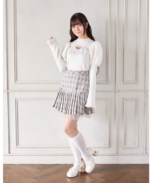 Suyunn スカート 裾チュール付きリボン切り替えチェックプリーツ