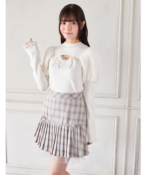 Suyunn スカート 裾チュール付きリボン切り替えチェックプリーツ