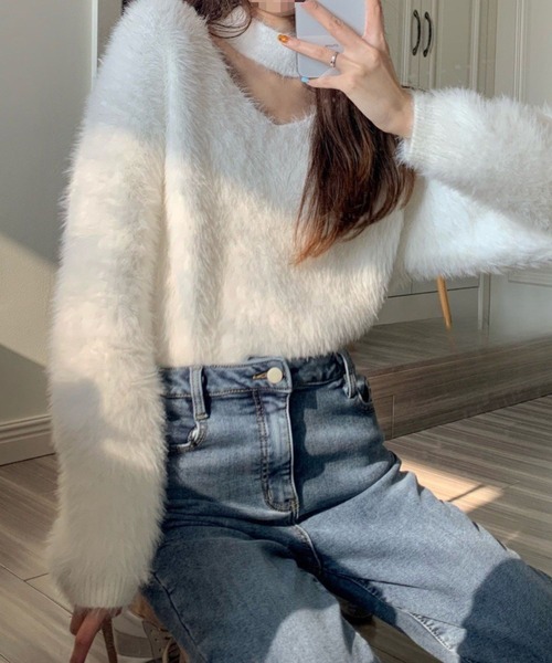 SPIGA（スピーガ） ニット セーター ネック付Vネックシャギーニット