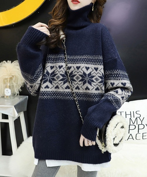 ニット セーター ノルディック柄タートルネックニット レディース