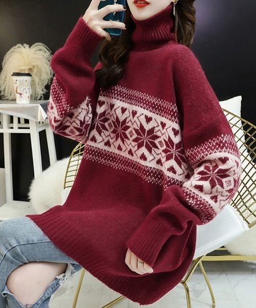 ニット セーター ノルディック柄タートルネックニット レディース