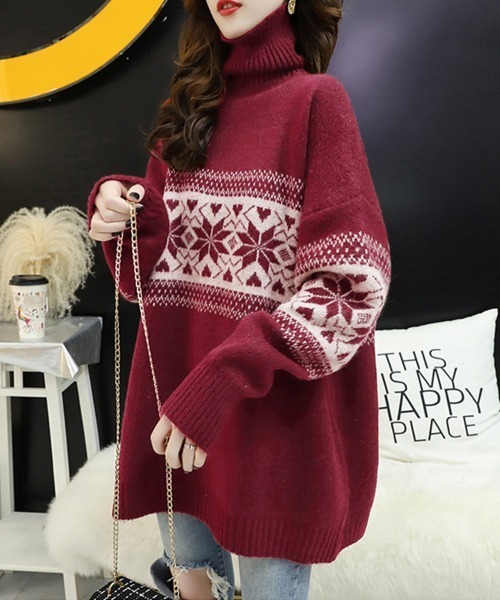 ニット セーター ノルディック柄タートルネックニット レディース
