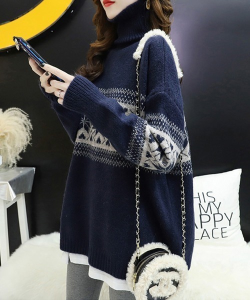 ニット セーター ノルディック柄タートルネックニット レディース