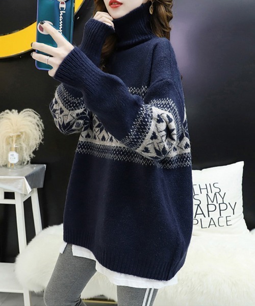 ニット セーター ノルディック柄タートルネックニット レディース
