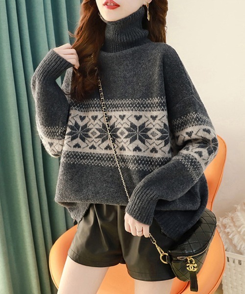 ニット セーター ノルディック柄タートルネックニット レディース