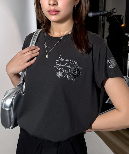 Candlestick tシャツ 半袖 フラワーロゴ刺繍 コンパクトTシャツ
