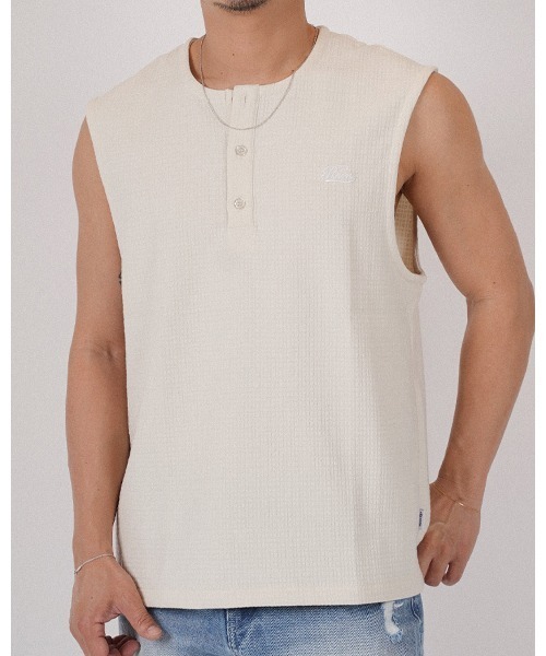 tシャツ ヘンリーネックワッフルノースリーブ メンズ