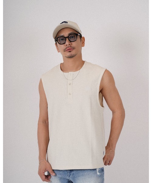 tシャツ ヘンリーネックワッフルノースリーブ メンズ_5