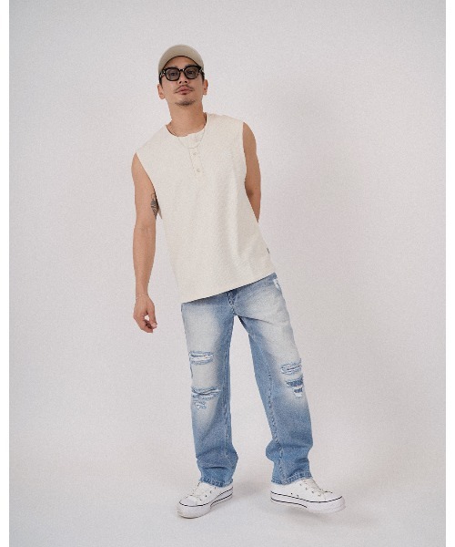 tシャツ ヘンリーネックワッフルノースリーブ メンズ_6