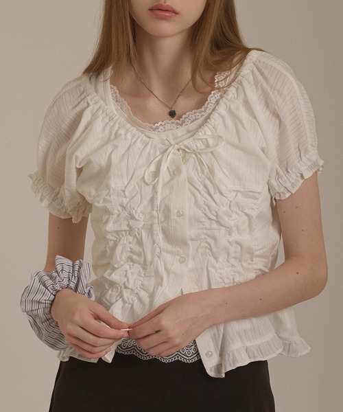 hazyl ブラウス シャツ 半袖 shirring 2way blouse / シャーリング2WAY