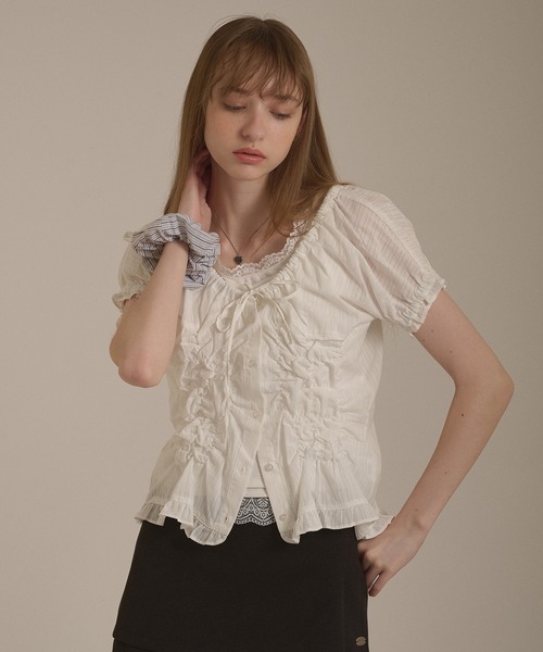 hazyl ブラウス シャツ 半袖 shirring 2way blouse / シャーリング2WAY