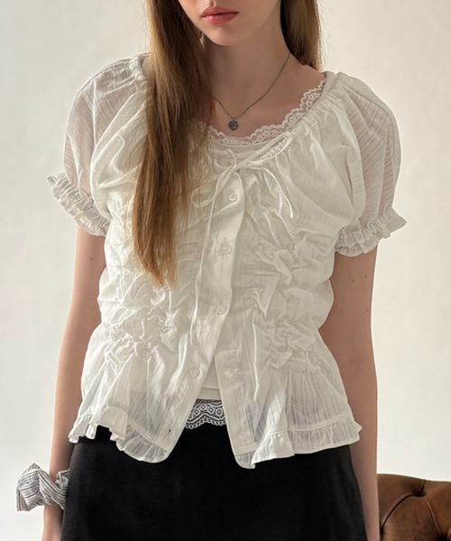 hazyl ブラウス シャツ 半袖 shirring 2way blouse / シャーリング2WAY