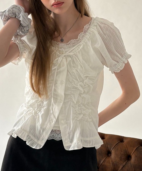 hazyl ブラウス シャツ 半袖 shirring 2way blouse / シャーリング2WAY