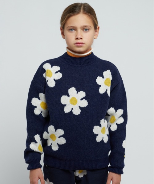 BOBO CHOSES - 編み物 ティーシャツ Big Flower jacquard all over jumper キッズ 小わっぱ服 お坊っちゃん うしろ帯 子ども服、シューズ-セーター-ベビー、キッズ、マタニティ
