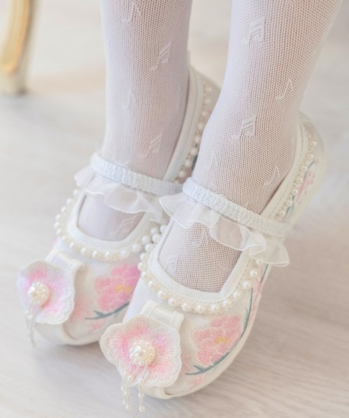Catherine Cottage バレエシューズ 花刺繍とパールの履物 キッズ
