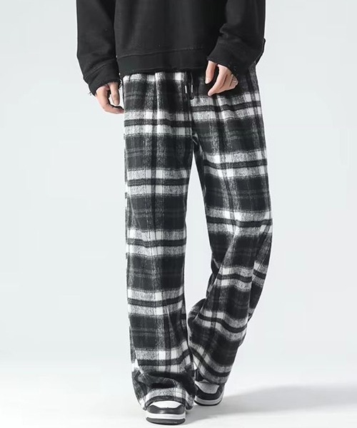 B.I.D. パンツ 「WARAIJOGO」厚ネルチェックルーズワイドレッグパンツ