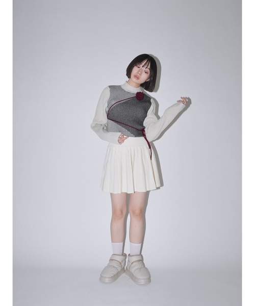 ニット セーター バイカラー ハイネックニット フラワー チョーカー セット レディース Uenui ニット セーター バイカラー ハイネックニット フラワー