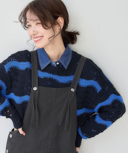 美品 AP STUDIO エーピーストゥディオ SUPERGEELONG ダブルカフスクルーネックプルオーバー セーター ブルー レディース 古着 中古 USED AP STUDIO（エーピーストゥディオ）の「Skipper Knit（ニット/セーター