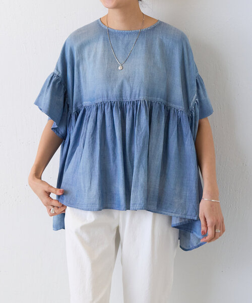 BEARDSLEY ブラウス シャツ シフォンデニムギャザーシャツ