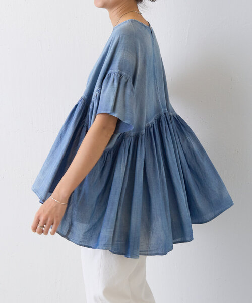 BEARDSLEY ブラウス シャツ シフォンデニムギャザーシャツ